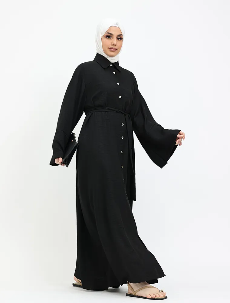Black Linen Feel Collar Shirt
